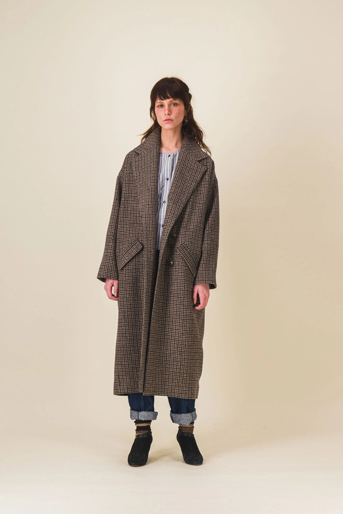 manteau femme long laine carreaux marron lenny