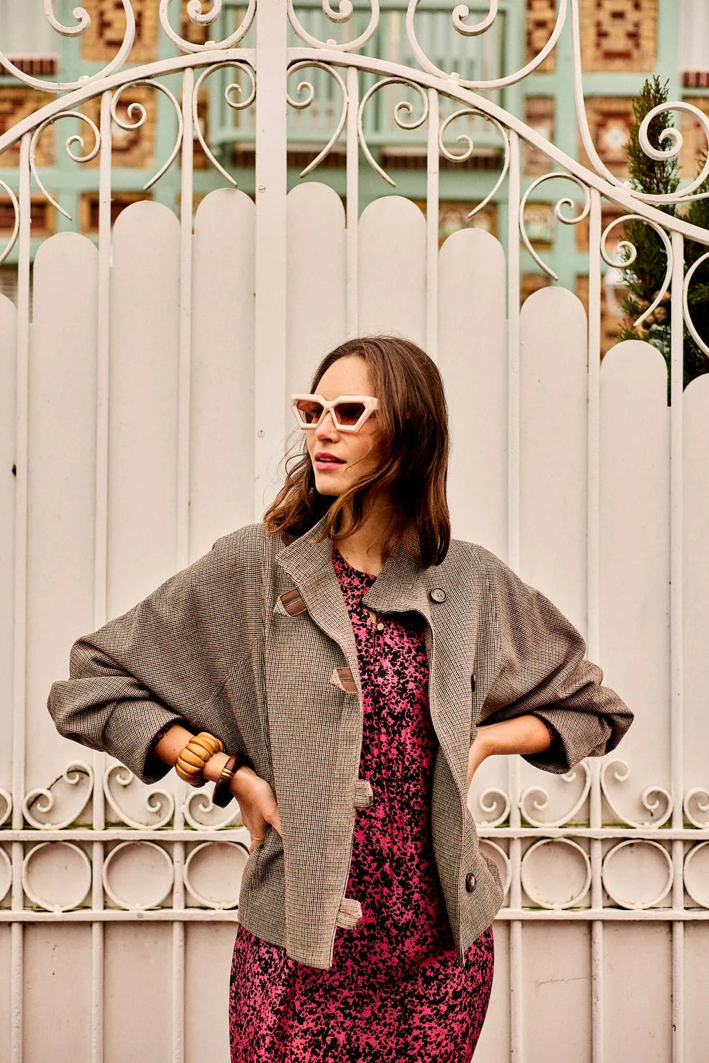Chaqueta de lana pata de gallo con tirantes. Chaqueta de jaspe PE25