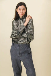 Camisa de terciopelo verde y gris para mujer