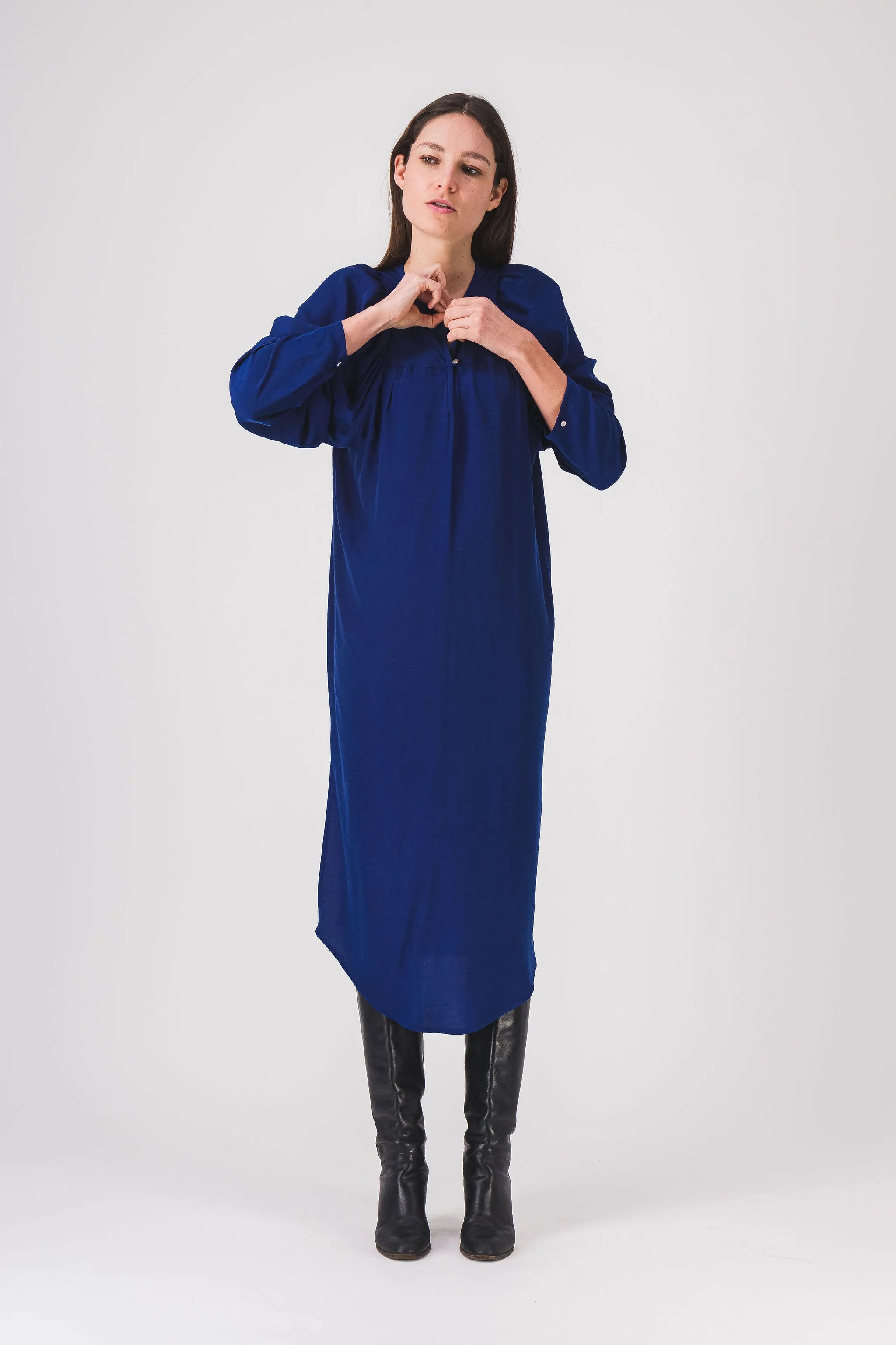 vestido azul largo y recto, vestido zooey, pe25