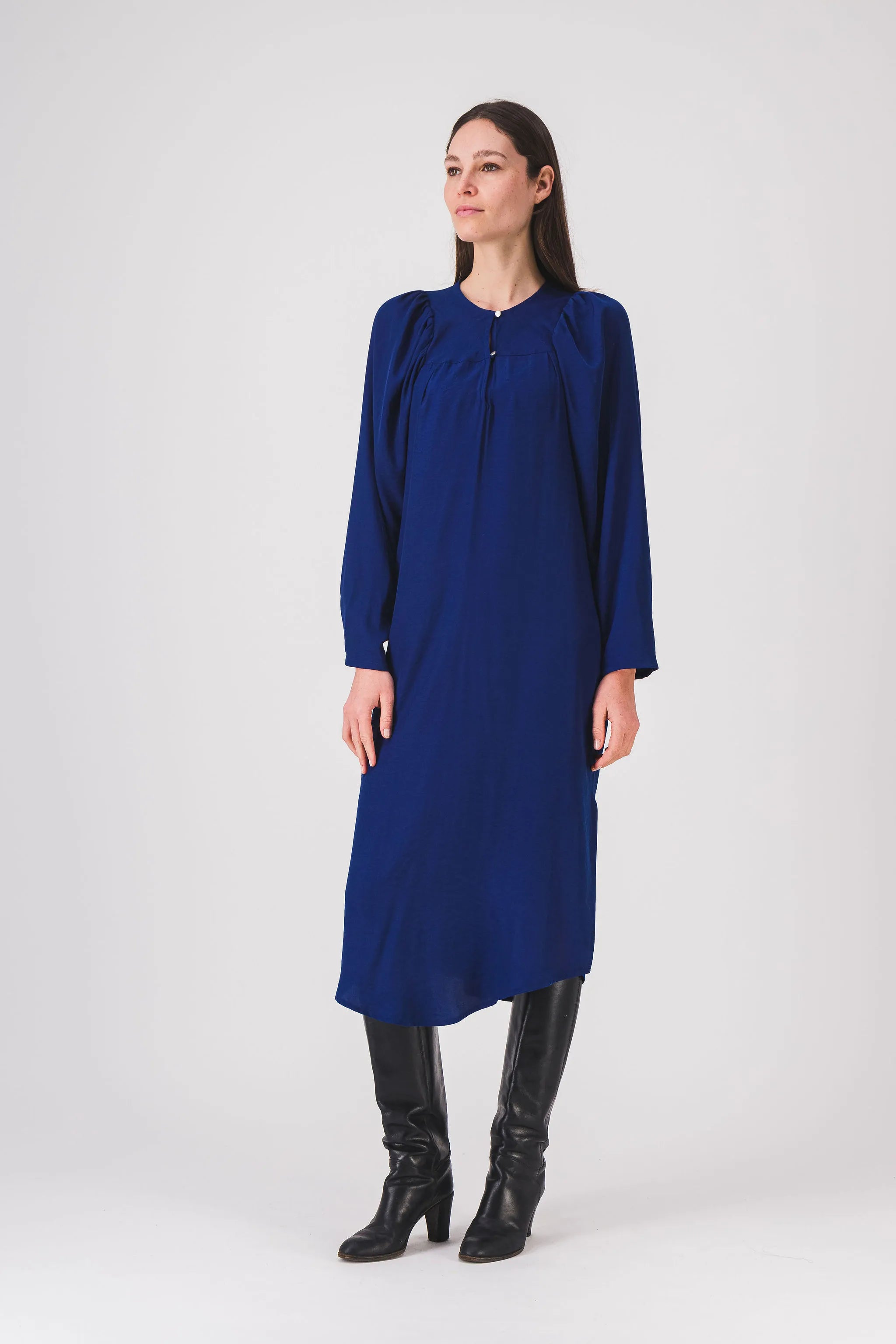 vestido azul largo y recto, vestido zooey, pe25